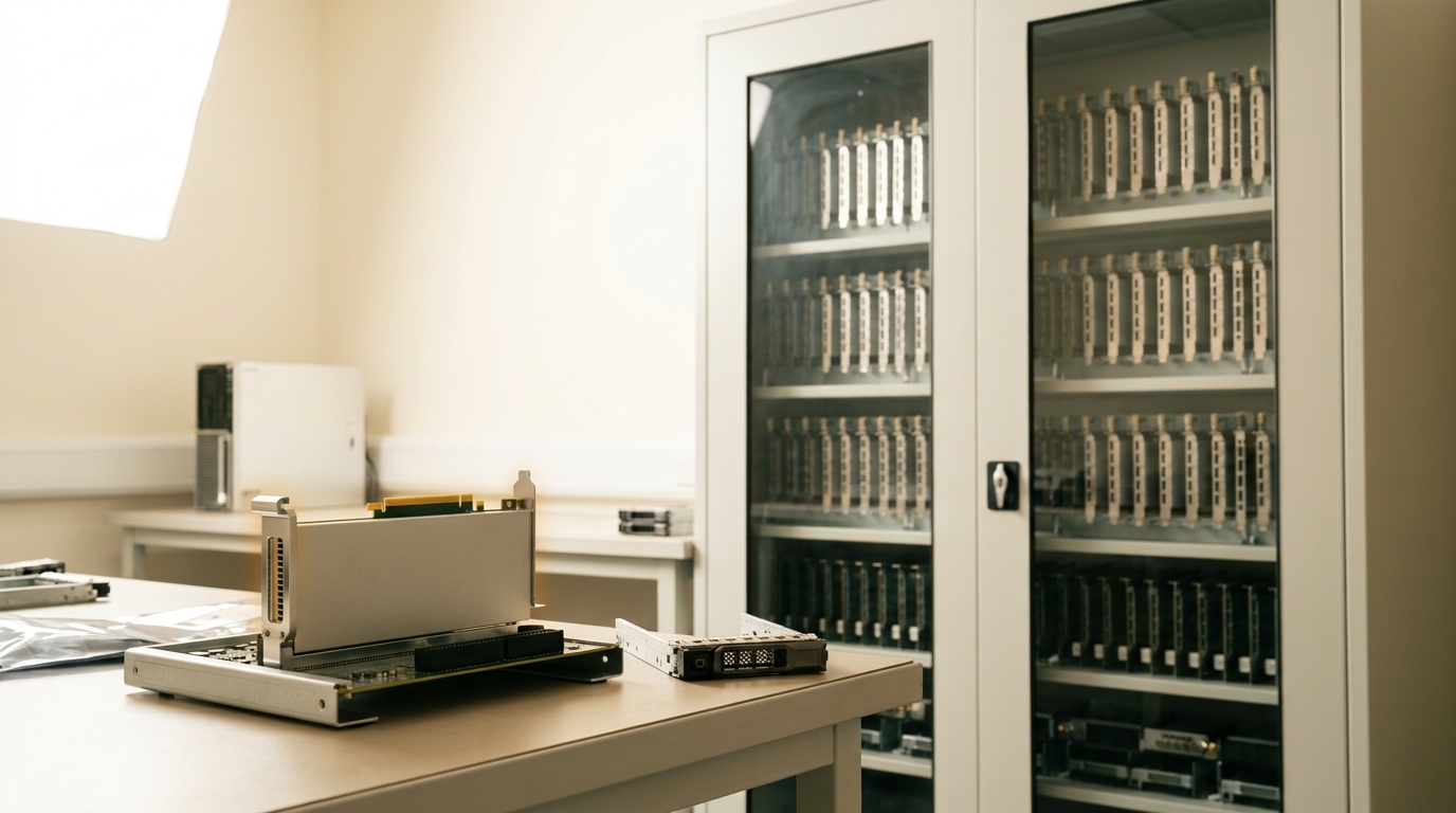 A single accelerator card caught half-seated in an open bench riser with its retention clip still raised, the same weights checkpoint on a drive caddy beside it, and a glazed cabinet dense with training trays and busbar filling the frame behind