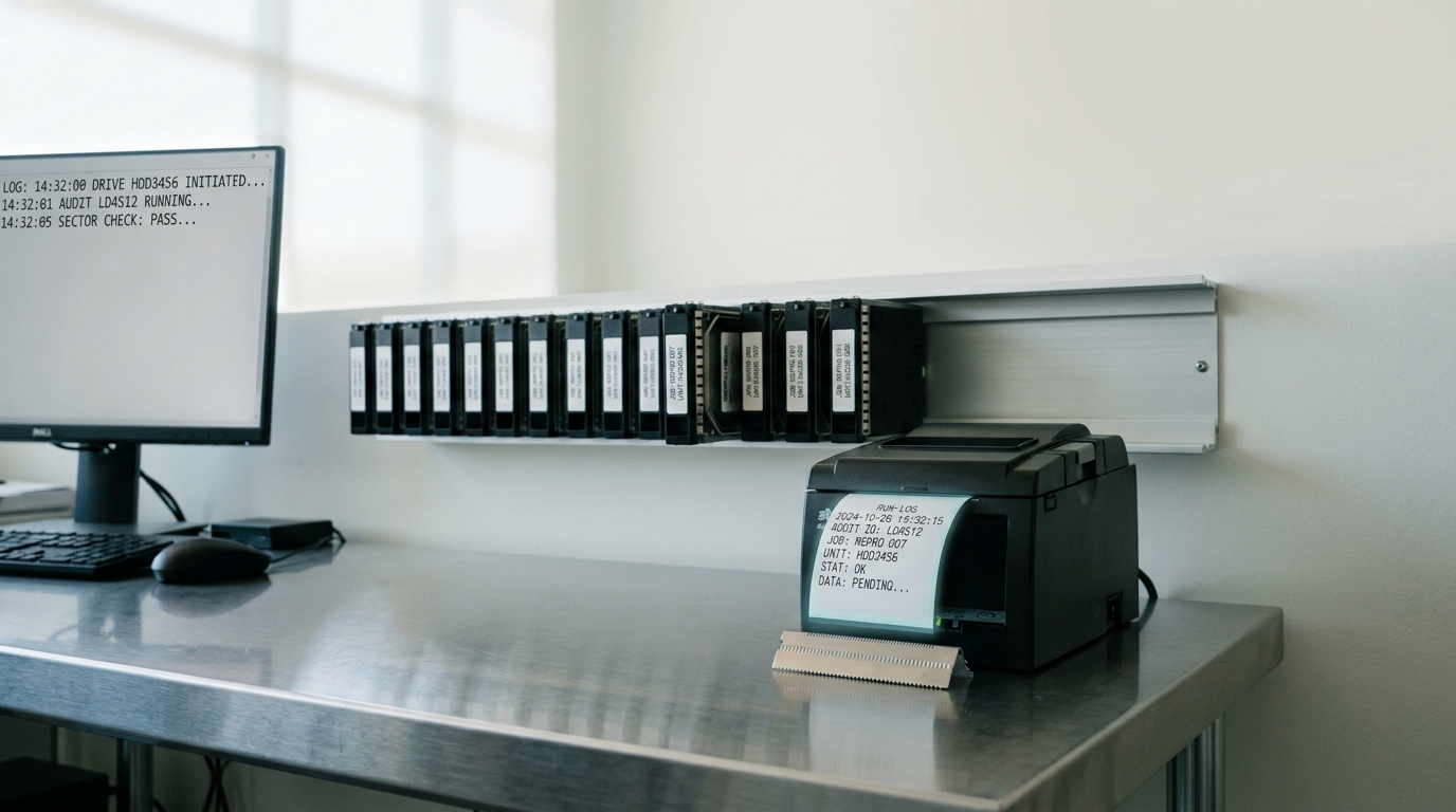 A leaderboard-audit desk with a thermal ticket printer caught mid-feed on a fresh run-log ticket, a queue rack of drive caddies for pending reproduction jobs waiting behind it