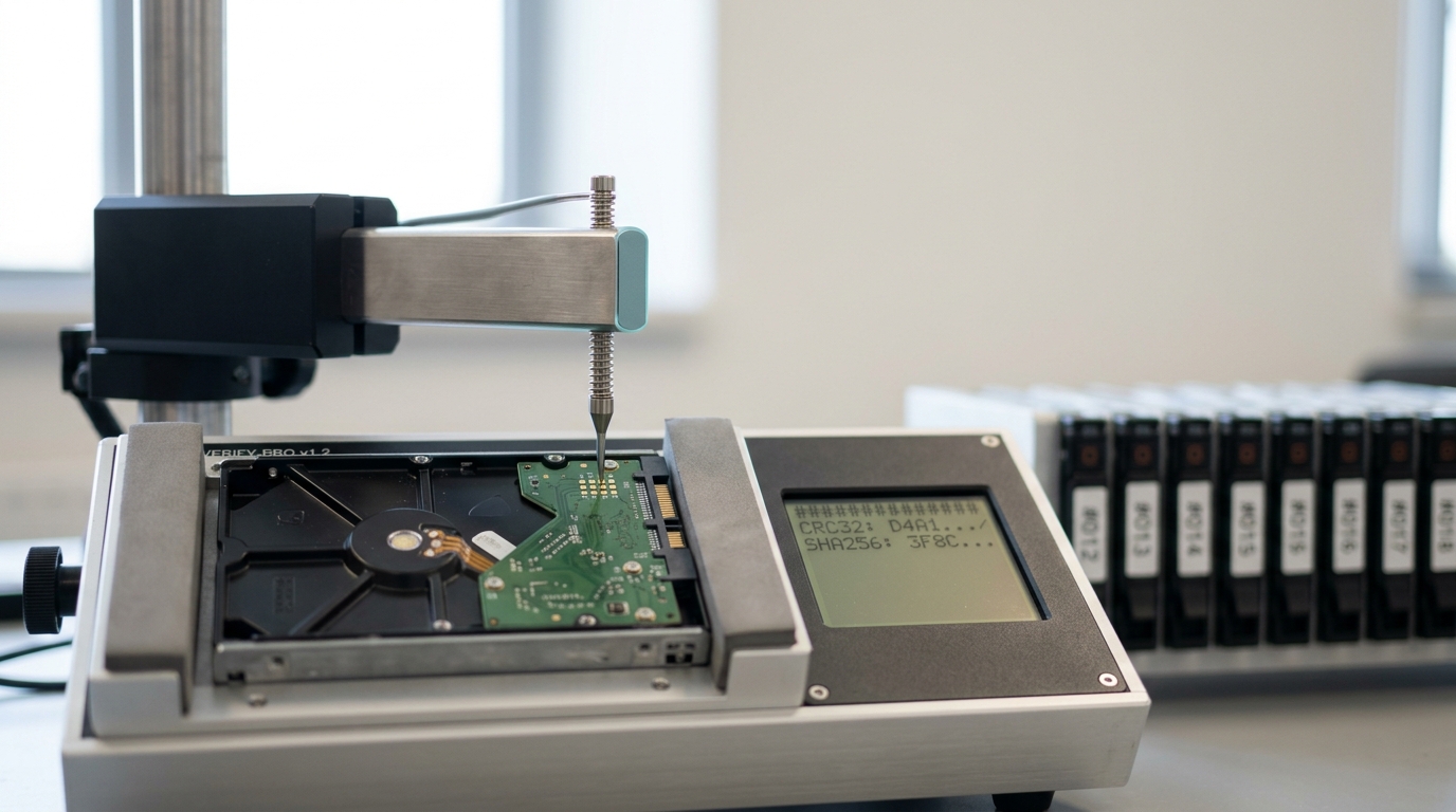 A bench-mounted checksum verification instrument with its probe just contacting a drive caddy's test pads, a small readout mid-scroll through hash characters not yet settled on a match