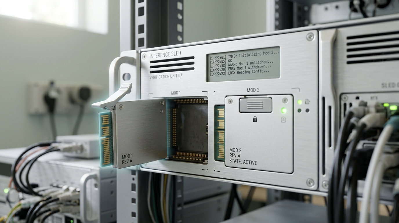 A removable configuration module caught half-out of an inference sled's front slot mid-swap, a second module already seated beside it, with a plain text log scrolling on the screen behind