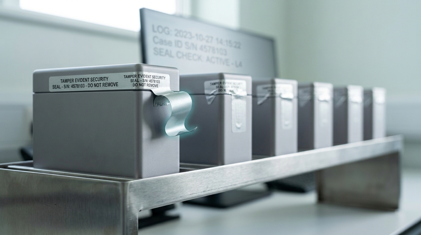 A rack of tamper-evident sealed cases holding a private held-out question set, one case's seal tab caught mid-peel with the lid still shut