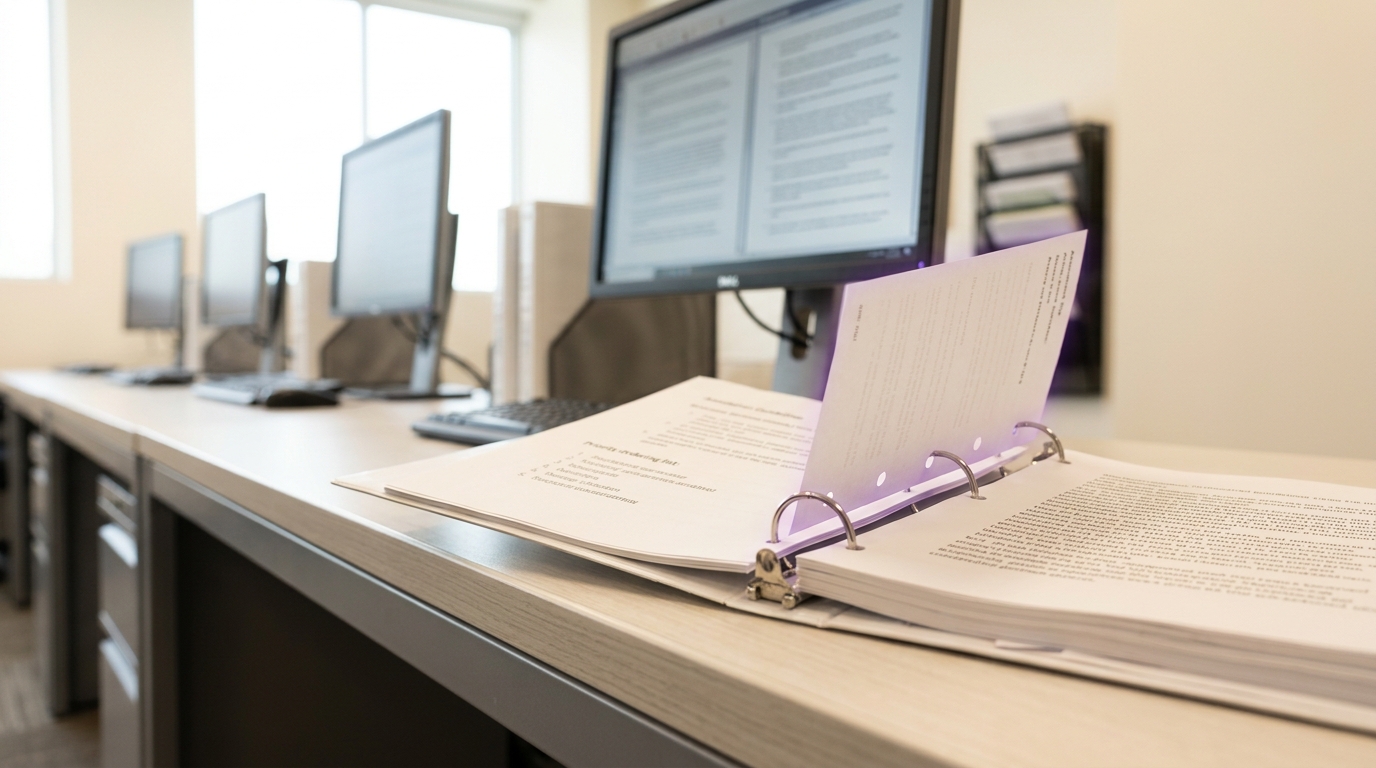 An annotation guideline binder lying open on a rater desk with a printed priority ordering on the page and a freshly printed amendment slip caught tilted part-way onto the rings, with the row of comparison stations still running behind it