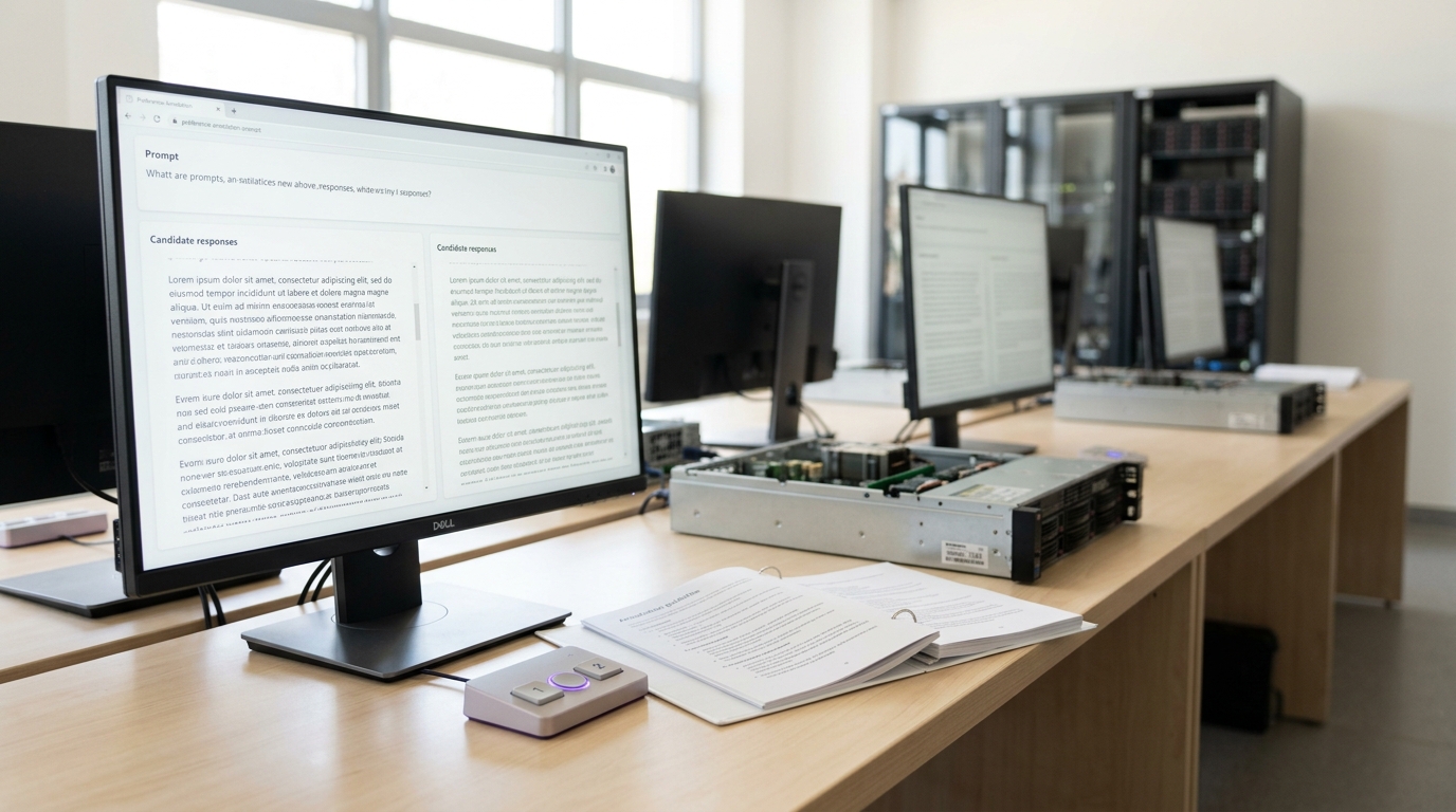 A row of rater workstations in a bright annotation lab, the nearest screen showing one prompt above two candidate responses in side-by-side panes with neither of them chosen yet, an annotation guideline binder open on the desk and racks of training nodes standing behind