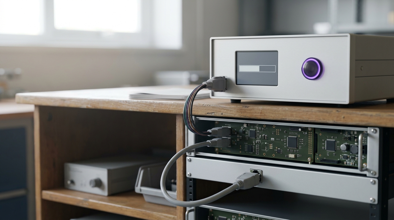 A small rule-based verifier unit on the bench wired straight into a policy-training node, its single pass indicator still dark mid-run, with a sealed reference node held in its own bay in the rack behind and a printed specification lying open beside it