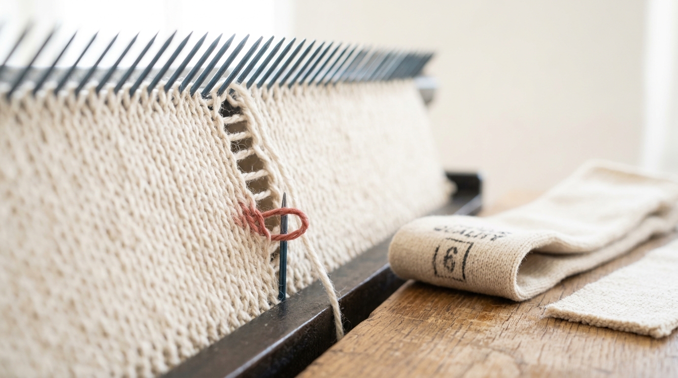A close view of a plain knitted worsted web on a stocking frame with a ladder of unhooked loops running down through several courses and stopping partway, a finished hose stamped with a small quality mark and gauge numeral lying folded on the oak beside it