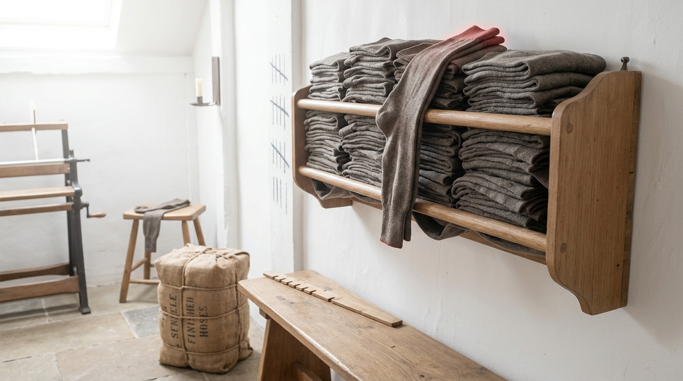 A wooden wall rack heaped high with folded worsted hose in a bright workshop, one pair just landed on top of the pile with a leg still hanging over the edge, a chalk tally of pieces running along the plaster beside it and a pushed-back stool with a short candle stub below