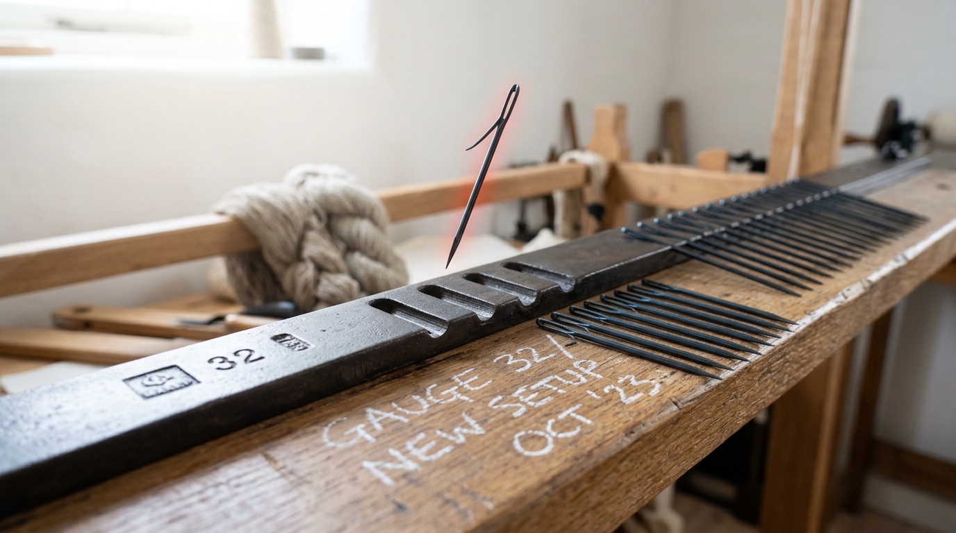 A stocking frame's needle bar part-way through being re-set, with several bearded needles lifted out and laid in a row and one caught mid-insertion above its empty slot, gauge numerals struck into the iron at the end of the bar