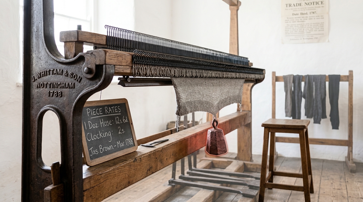 A hand-operated stocking frame in a whitewashed workshop with a partly knitted worsted web hanging from its needle bar, a cast lead weight swinging slightly on the web, a chalked slate of piece rates propped against the frame and a stool pushed back from the treadles