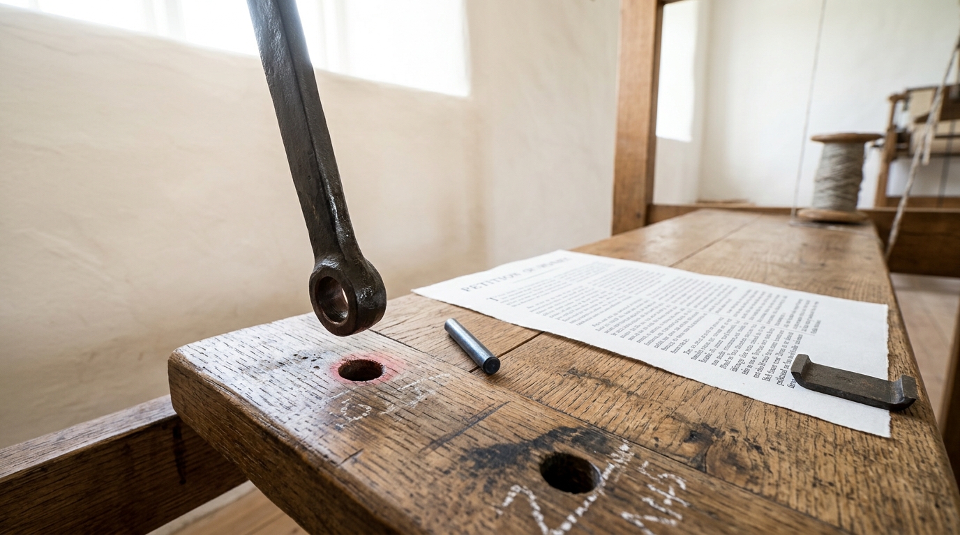 The treadle end of a stocking frame with its iron connecting rod lifted clear and hanging tilted between two hitch holes bored in the oak lever, a loose steel pin lying on the timber beside them and a printed petition sheet laid flat on the oak just beyond