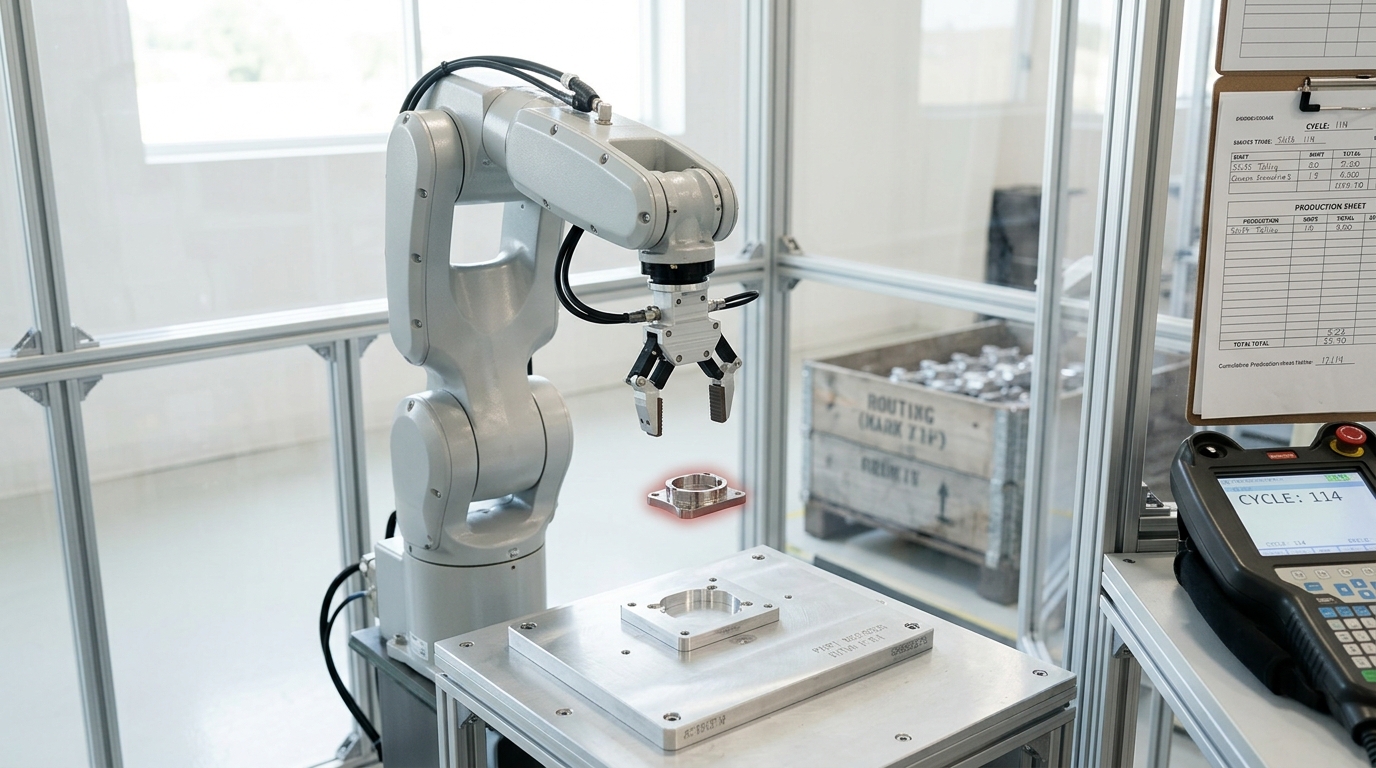 A six-axis industrial robot arm in a bright modern assembly cell with a machined part still hovering above its fixture nest and the gripper jaws open, a teach pendant in its cradle showing a running piece count and a printed shift tally sheet on the bench showing a different total