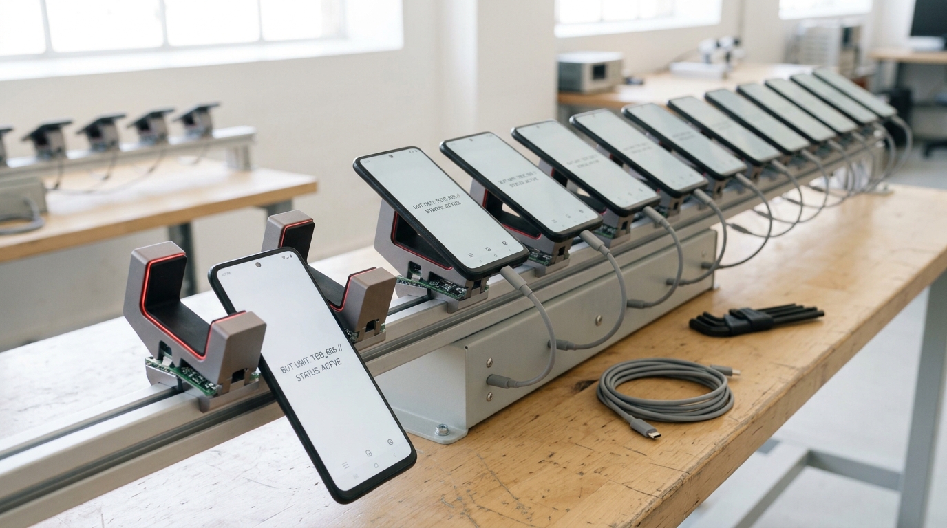 A device farm of identical phones clamped in a long row along an aluminium test rail, seen from above, with one phone caught part-way into the last empty clamp, the jaw still open and its cable not yet plugged in