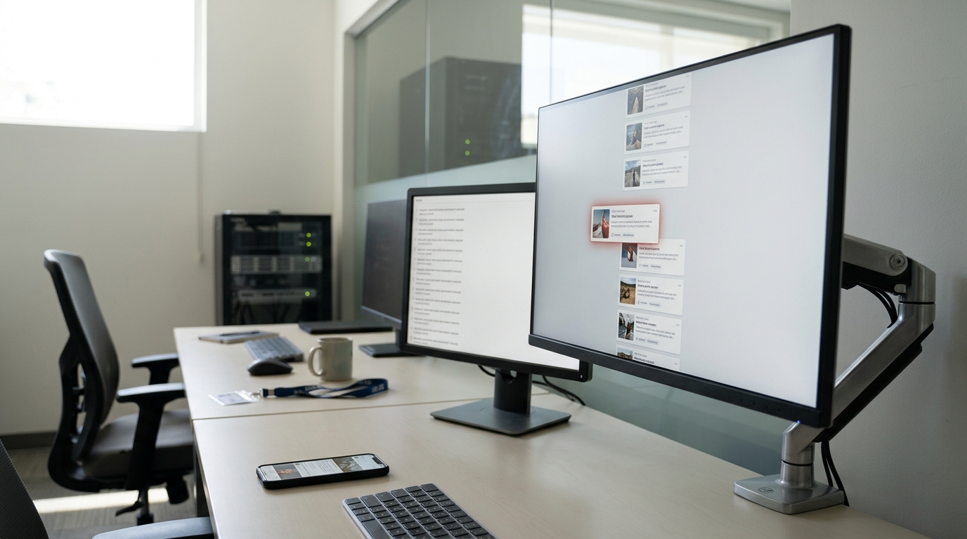 A moderation and review desk in a bright daylit room, a wide matte-glass monitor holding a long queue of small item cards awaiting a decision, one card lifted part-way out of the list with the gap not yet closed, serving racks soft behind a glass partition