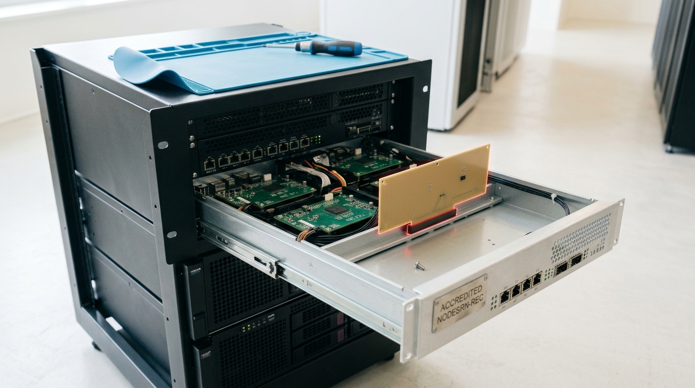 A recommendation-serving node drawn part-way out of its rack on slide rails, its accredited front panel and certification plate still fitted, with a plain unmarked board caught half-way along the internal guide rails and its edge connector not yet seated