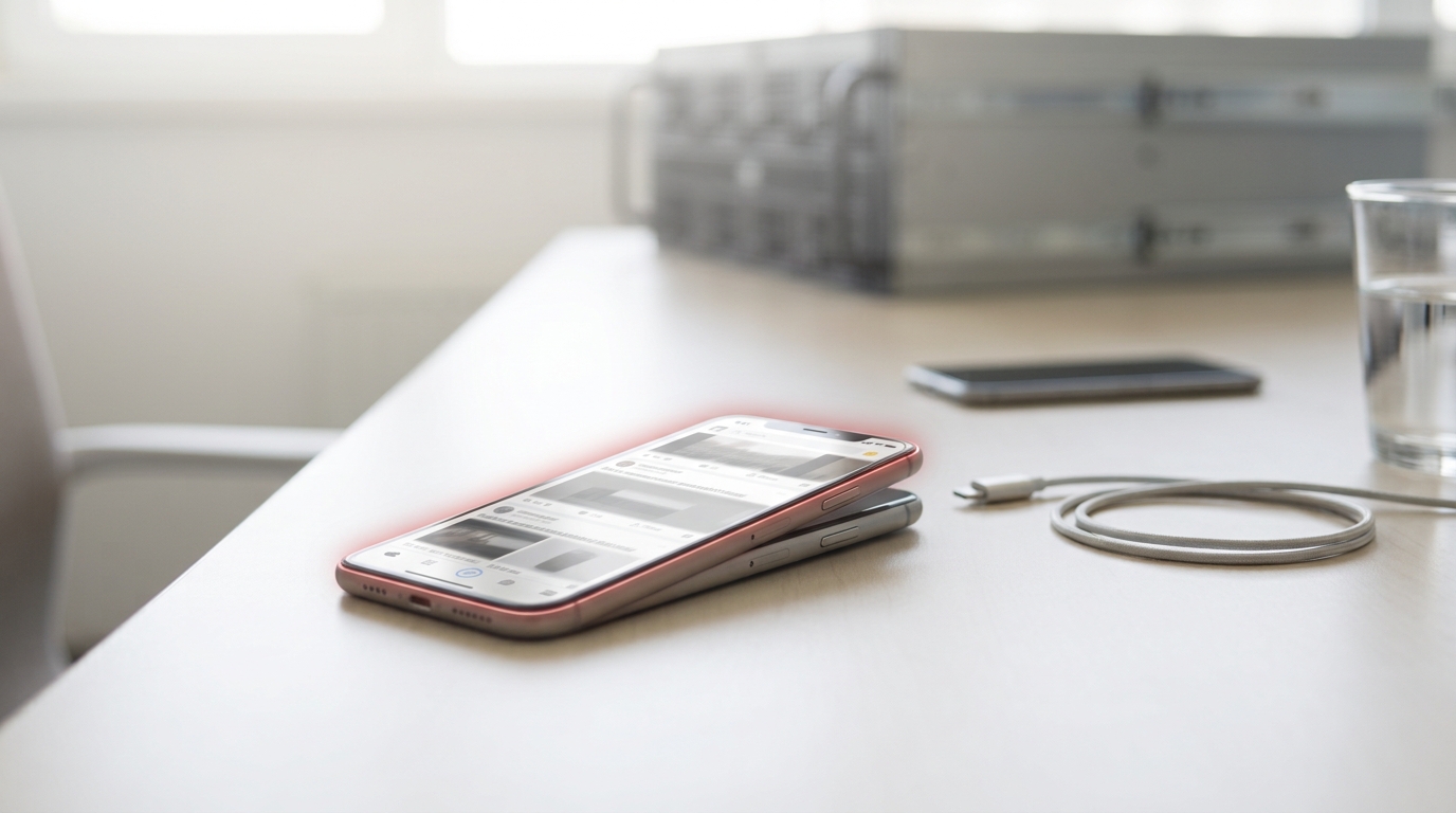 A phone lying screen-up on a plain desk with its feed caught mid-scroll, the top card only half drawn onto the screen and the rows still smeared with motion, a rack of serving nodes dissolving behind it