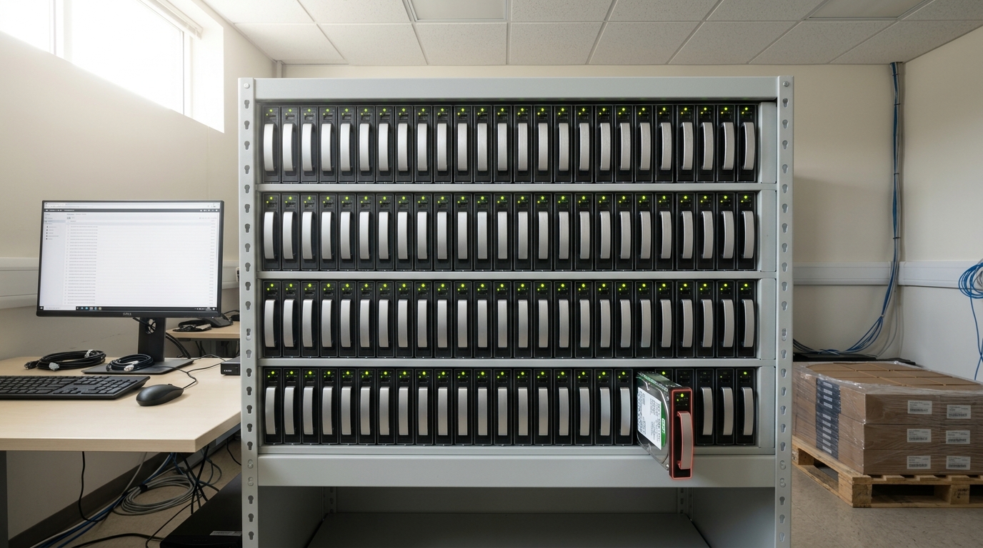 An ingest pipeline in a bright equipment room, a storage shelf with almost every drive bay already populated and one carrier caught half-inserted in the last free bay, its latch still open, beside a single review desk whose queue screen runs to the bottom of the list