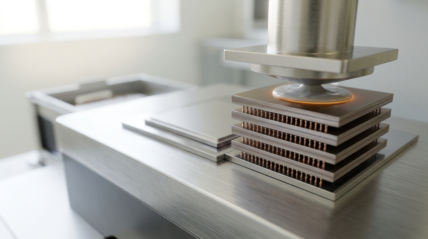 A stack of thin memory dies on an interposer beside a larger logic die, with a nickel-plated heat spreader lowered so that it has touched only the topmost die and a first bead of thermal interface material is spreading there while the tiers below stay clear