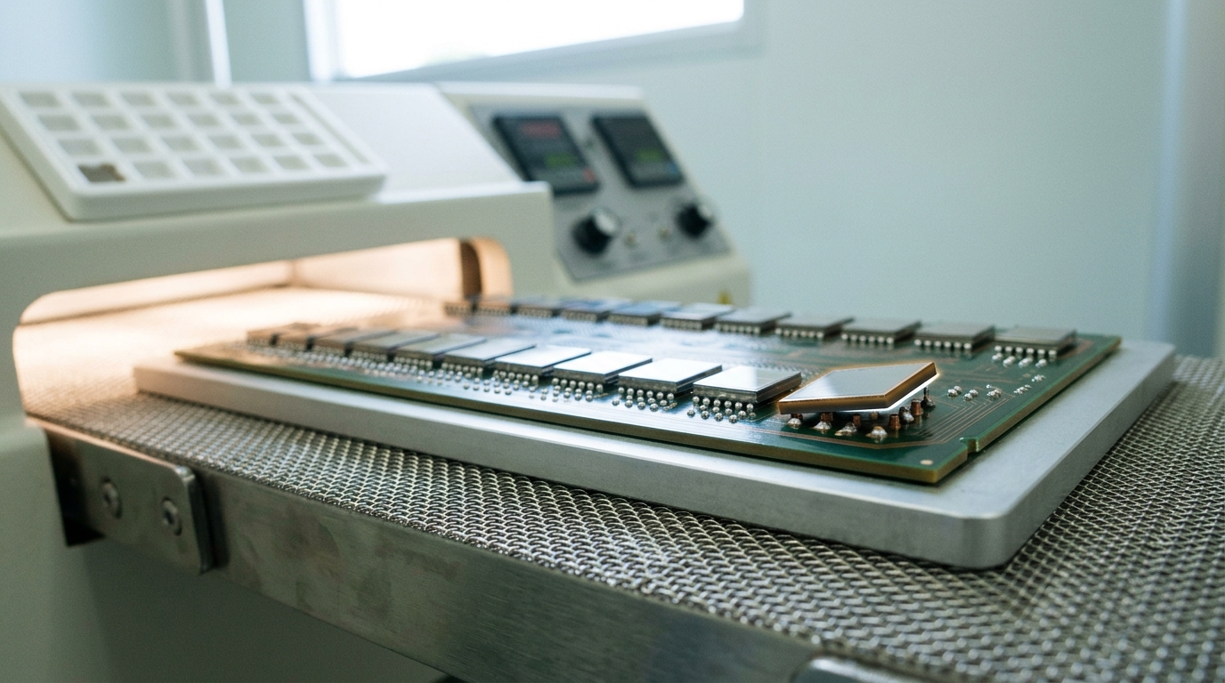 An organic substrate on its carrier pushed part way onto a reflow oven belt, one die at the near corner still standing proud with a thin line of daylight beneath it, and a known-good-die tray waiting beside the belt with one pocket empty