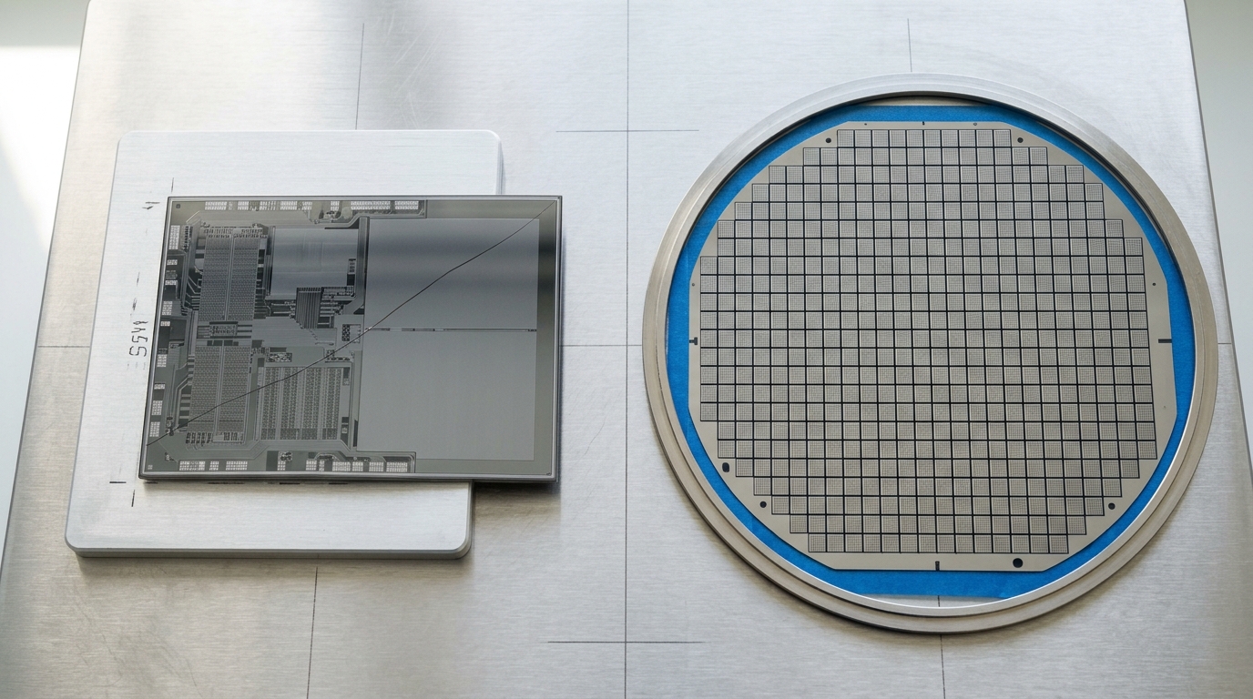 A single oversized logic die resting on an anodised carrier plate it plainly overhangs, one unsupported corner sagging past the plate edge and a hairline crack opened part way across the die, with a diced wafer of small chiplet dies on its film frame beside it