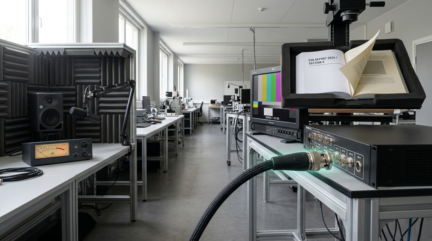 A bright lab shot down its length showing three separate test benches — a video-ingestion station with a broadcast monitor and a part-plugged capture cable, an acoustically treated audio alcove with a swinging VU meter needle, and a document copy-stand with a page mid-turn