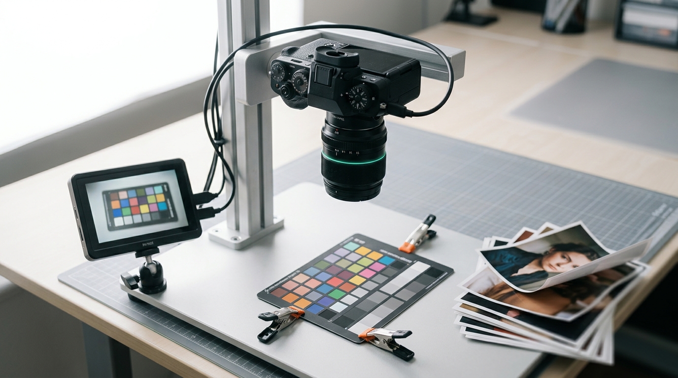 A copy-stand camera aimed down at a colour-and-greyscale reference chart on a document bench, its focus ring a fraction off its nearest click-stop and a preview monitor beside it showing the frame just short of sharp