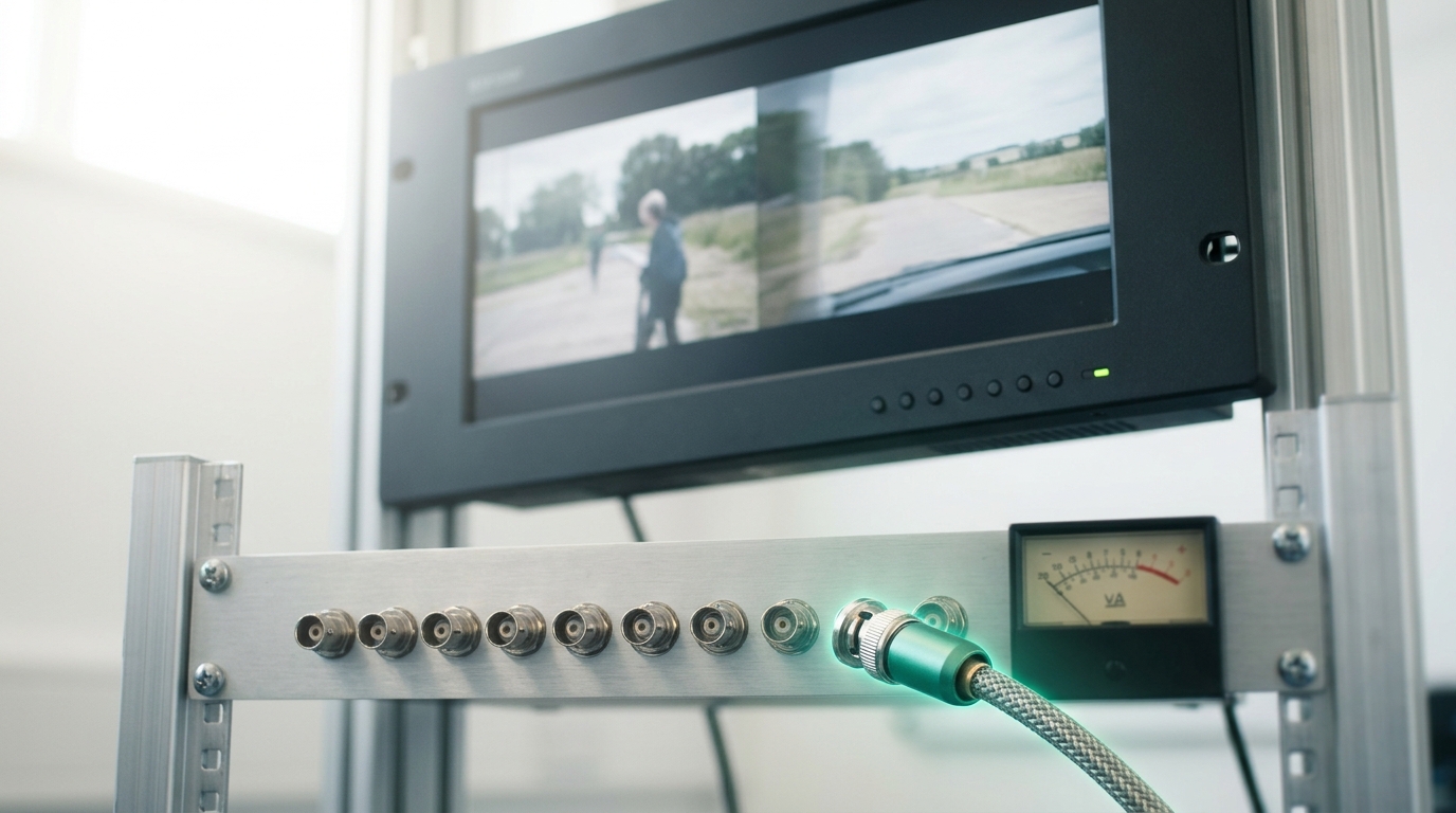 A video-ingestion test bench with a broadcast reference monitor mid-scene-change beside a rack-mount capture interface, one braided cable's connector caught just short of its socket