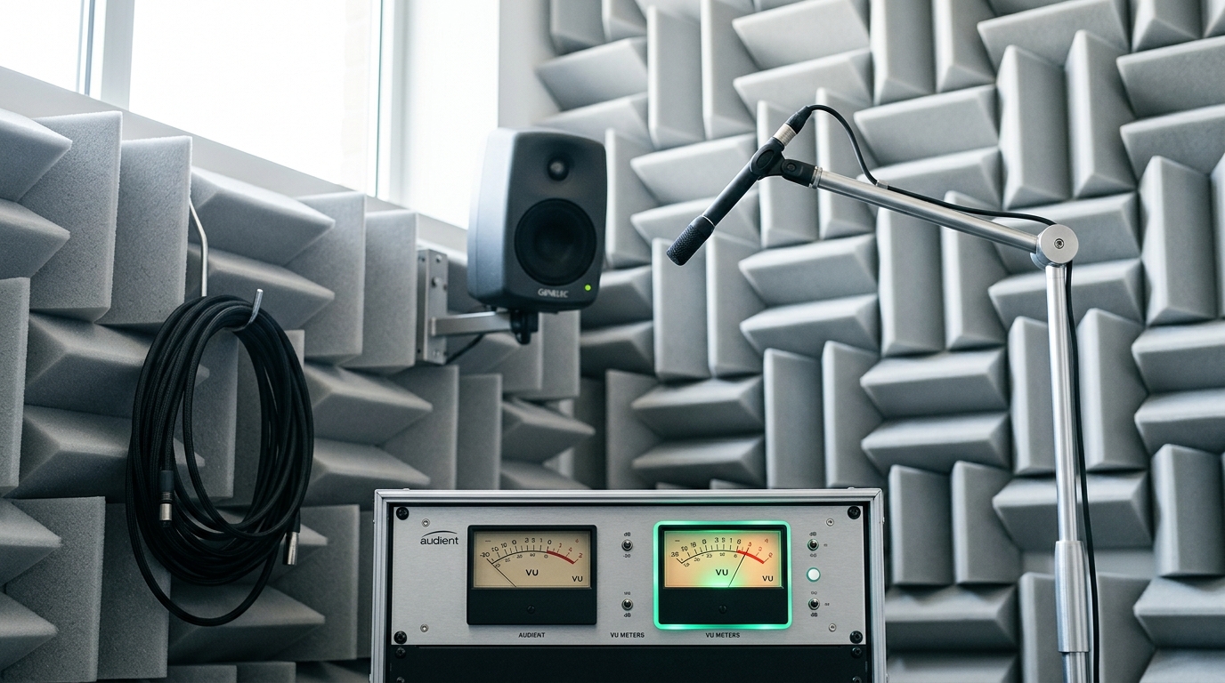 An acoustically treated audio test alcove with a small monitor speaker and a measurement microphone on a boom stand, an analogue VU meter needle caught swinging past its midpoint on the interface below