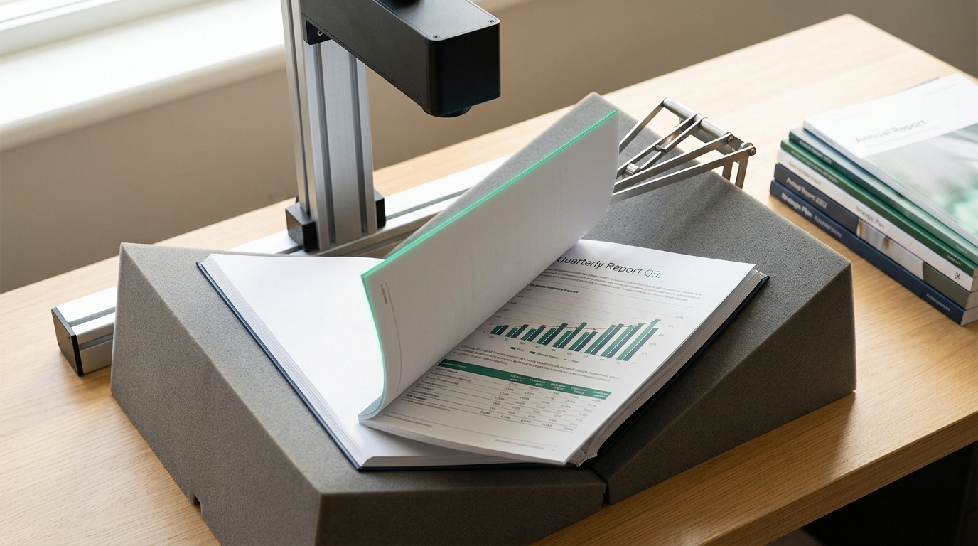 A book-cradle document scanner holding a bound multi-page report open under raking light, one page lifted mid-turn with a chart-bearing page half-revealed beneath it