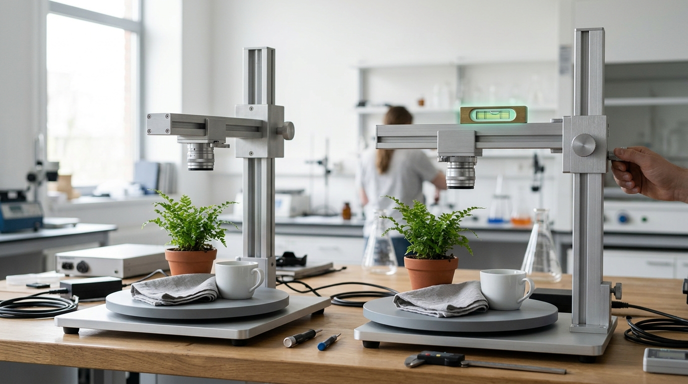 Two identical reference test scenes set up side by side on a calibration bench, one rig's mounting bracket caught mid-adjustment with a spirit level balanced on top, its bubble still off-centre