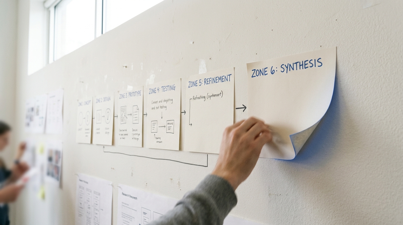 A large wall flowchart showing five labelled process steps in sequence, each paired with a small physical sample, a final sample caught being placed to complete the chain