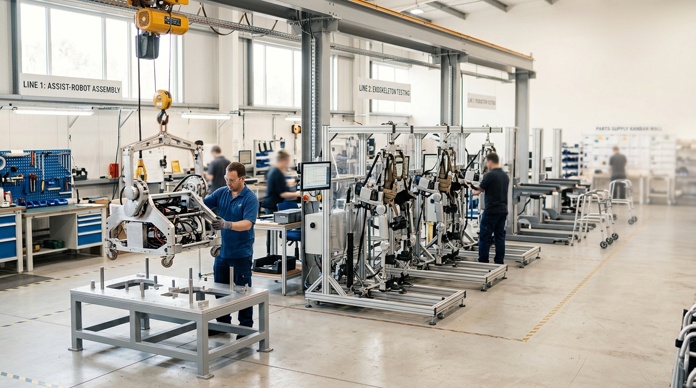 A wide factory floor with an assist-robot chassis caught mid-lift by an overhead hoist onto an assembly fixture, exoskeleton test rigs and a mobility-device line receding behind it
