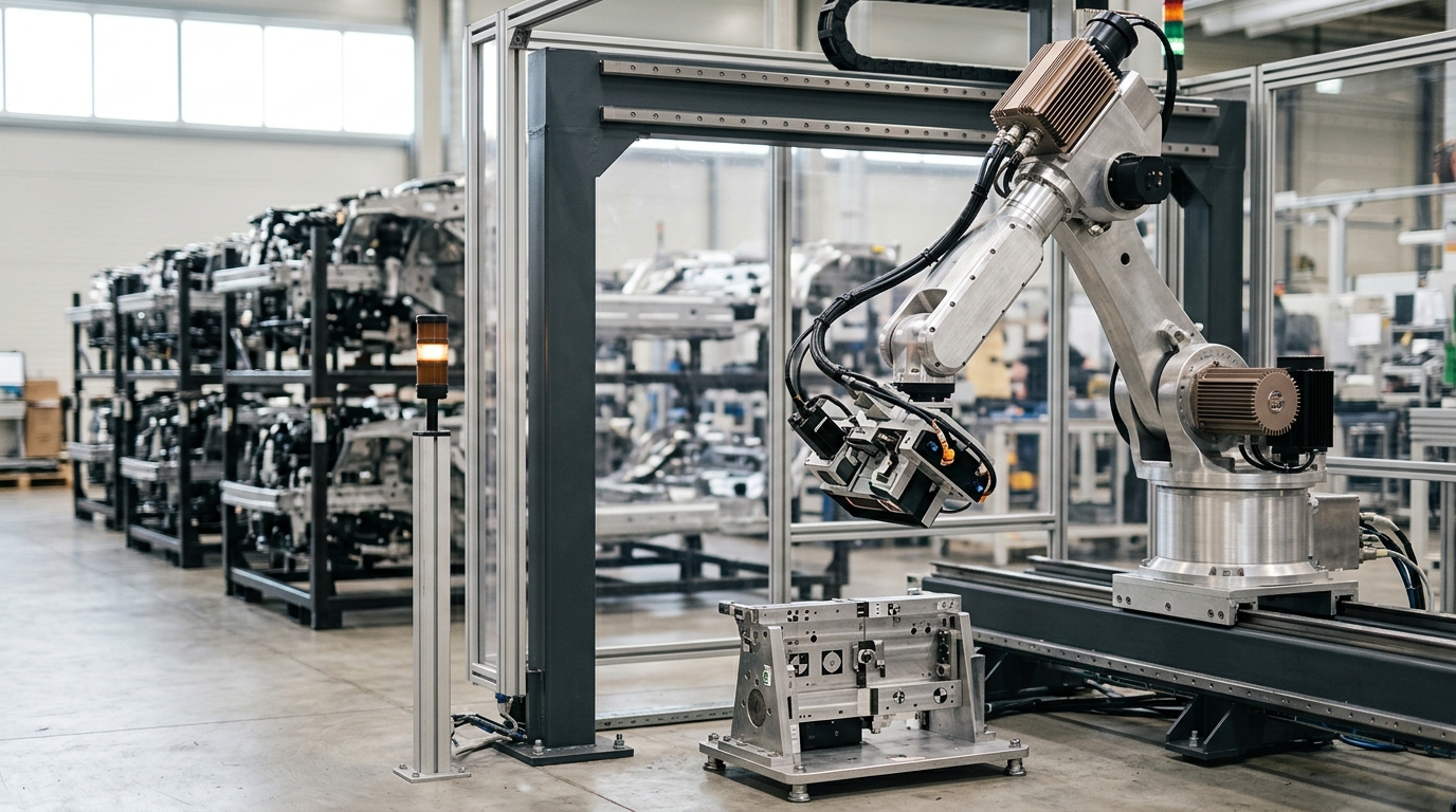 An automated vision-inspection robotic arm caught mid-scan over a second, idle calibration fixture, a status light between them mid-change