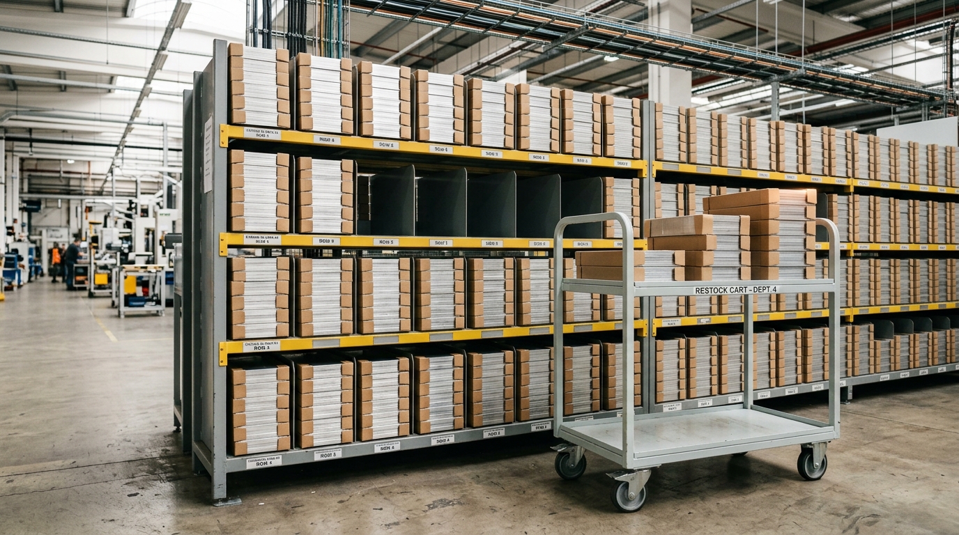 A parts-supply kanban wall feeding chassis blanks onto the assembly line, one row of slots emptied far down its length while a restock cart sits parked only half-unloaded