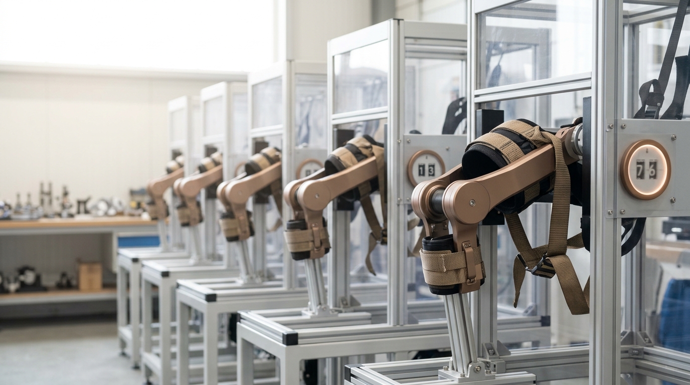 A bank of fatigue-test rigs all cycling the same exosuit knee-joint revision at once, one rig's cycle counter caught mid-increment