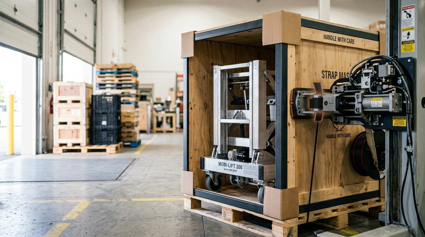 A finished transfer-lift robot at the end of the mobility-device line, an automated strapping arm mid-cycle wrapping its shipping crate
