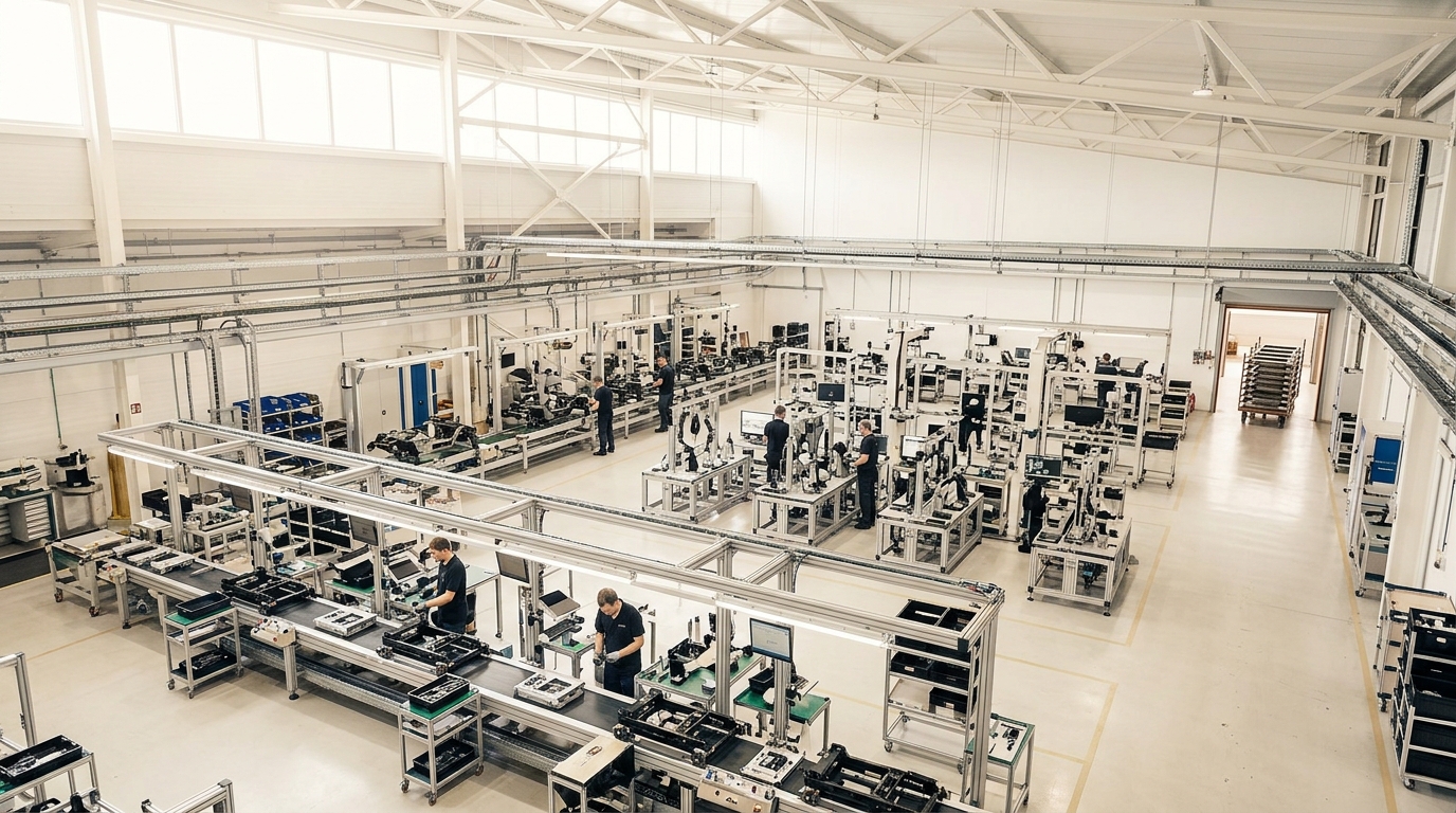 A raised gantry view of all three product lines running at once under one roof, a new batch of chassis blanks staged at the far end mid-delivery