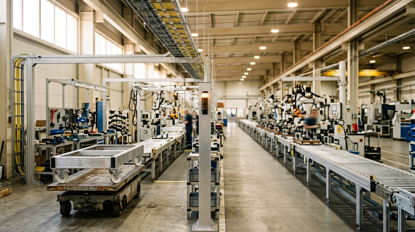 Two parallel transfer-lift assembly lines set to different lengths, a light-tree scheduling gate between them caught mid-change, one line loaded with far fewer stations than the other
