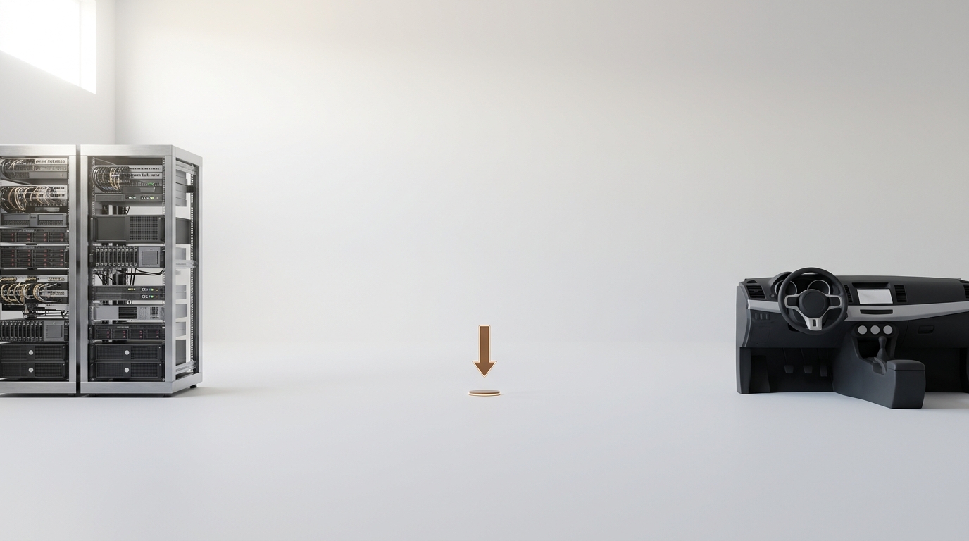A busy AI datacenter rack model on one side of a bright room and a plain automotive dashboard mockup on the other, a wide stretch of empty floor between them, a small floor marker caught being placed in the middle of the gap