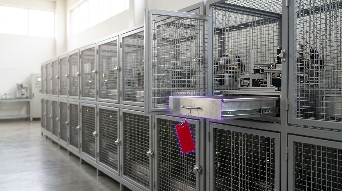 A wall of steel-mesh sandbox cages in a bright evaluation vault, most holding a quietly running test rig, with one cage's rig caught half-drawn onto its tray as a red quarantine tab is clipped to its handle