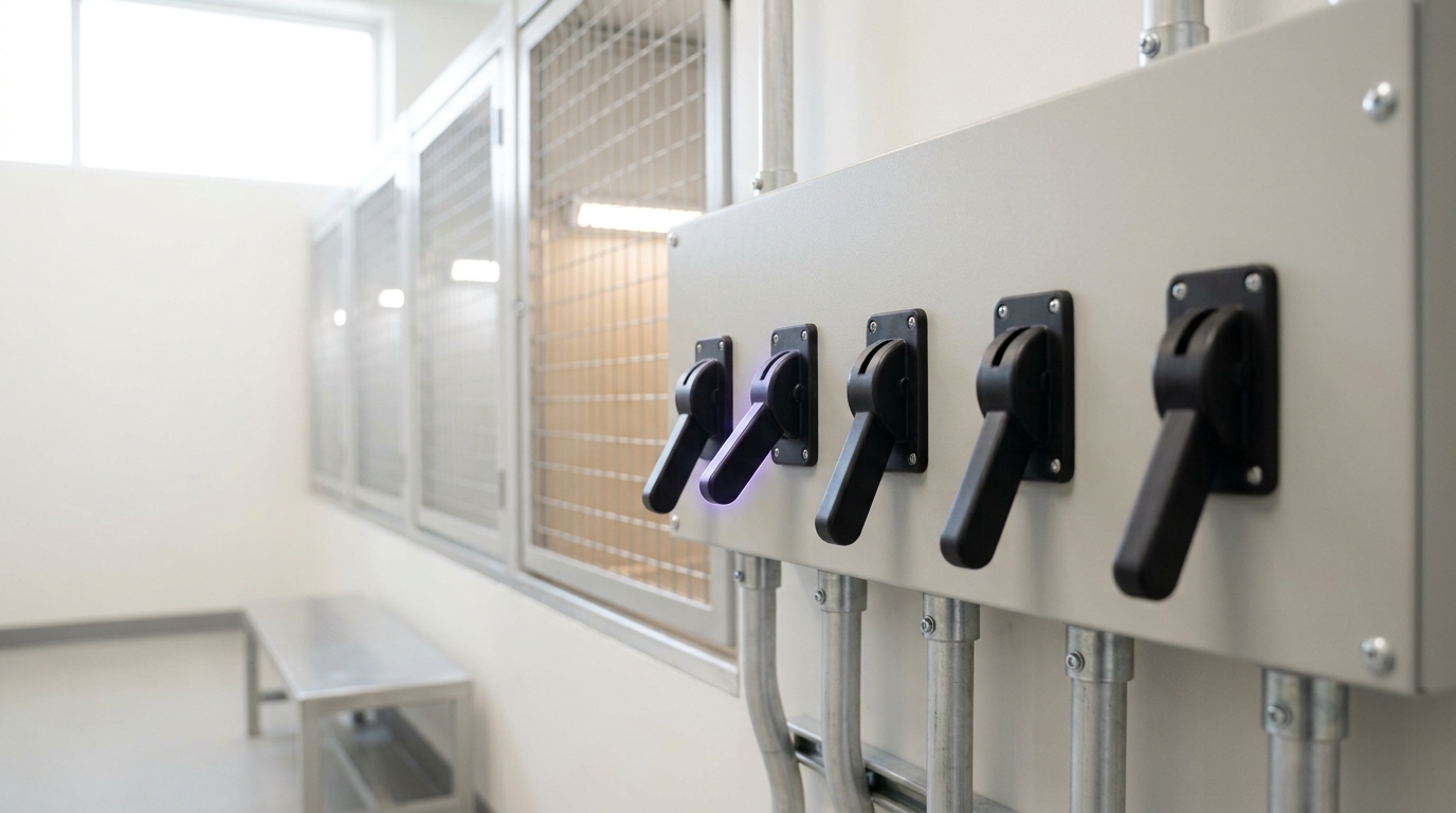 A panel of physical isolation breakers beside the evaluation vault, most levers set to run, one lever caught mid-throw toward isolate with its neighbouring cage's work light already dimming