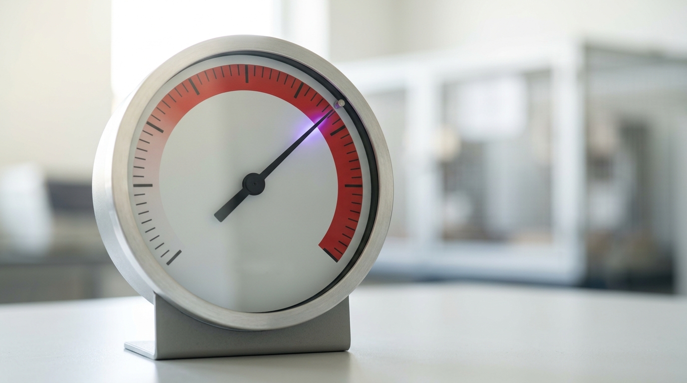 A single large analog severity gauge on the evaluation bench, its dial marked only with plain graduated ticks and a wide red arc at the top, the needle caught mid-swing crossing from the pale arc into the red