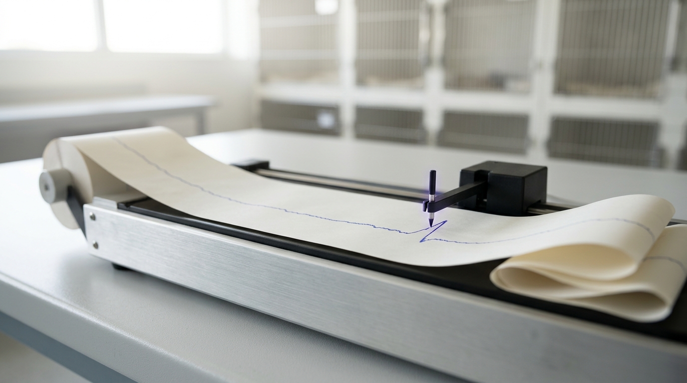 A strip-chart recorder in the evaluation vault with its stylus tracing a run's output onto a moving paper ribbon, most of the trace calm and level while the pen is caught mid-stroke drawing one sharp spike