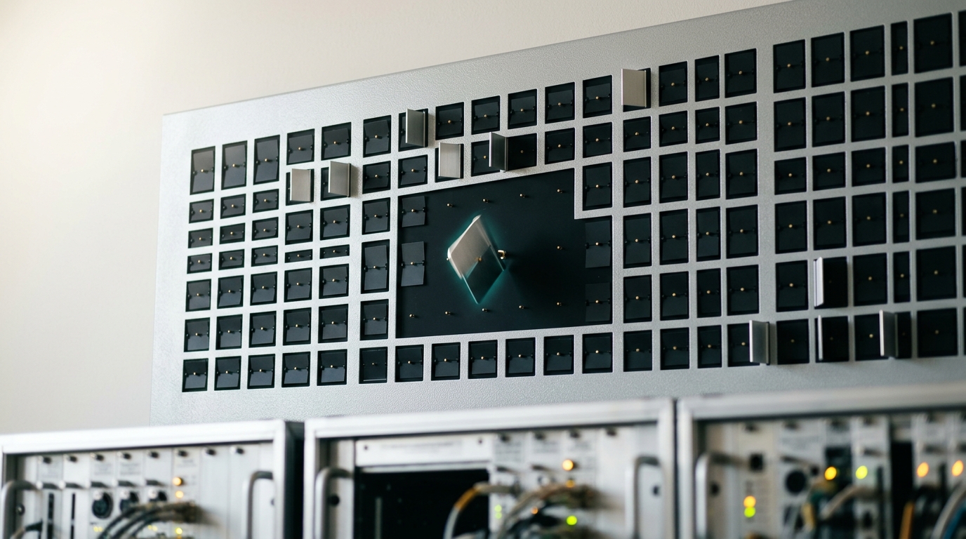 A wall-mounted annunciator panel of blank flip-flags above the sled bank, one flag caught mid-flip between its resting and raised position