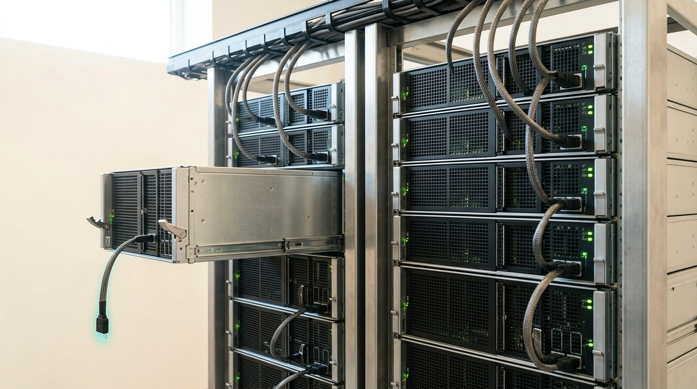 A bank of steel-enclosed compute sleds in an orchestration rack, with one sled drawn part-way out on its rails and its single uplink lead unplugged and hanging free