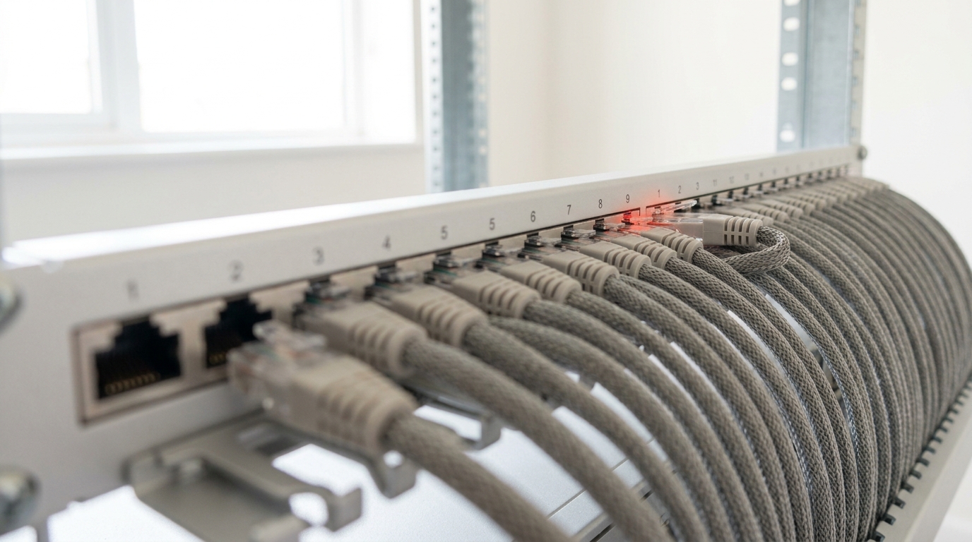 A rack patch panel in bright daylight with one braided lead sitting a port across from where the run should begin, its latch caught short of engaging, and every lead after it dressed neatly to that shifted position