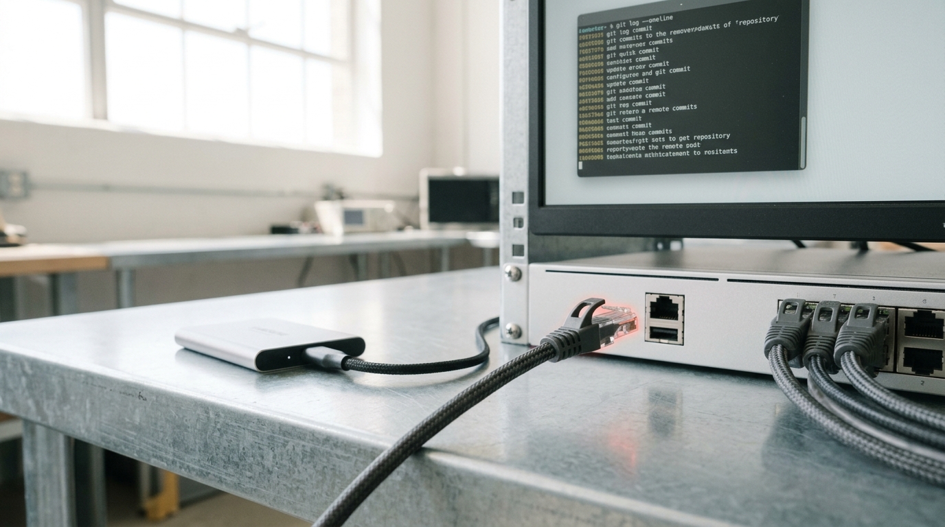 A git checkout on a small external drive sitting quiet on the bench beside a switch where a braided uplink lead is held a fraction short of its port, the latch not yet sprung, with already-latched ports settled below