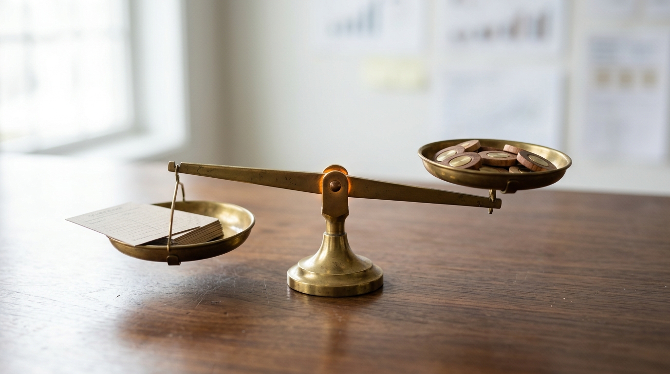A brass beam balance on a lab bench caught mid-tip as a small stack of flat brass weights outweighs a single reference weight on the other pan, its pointer swinging past centre