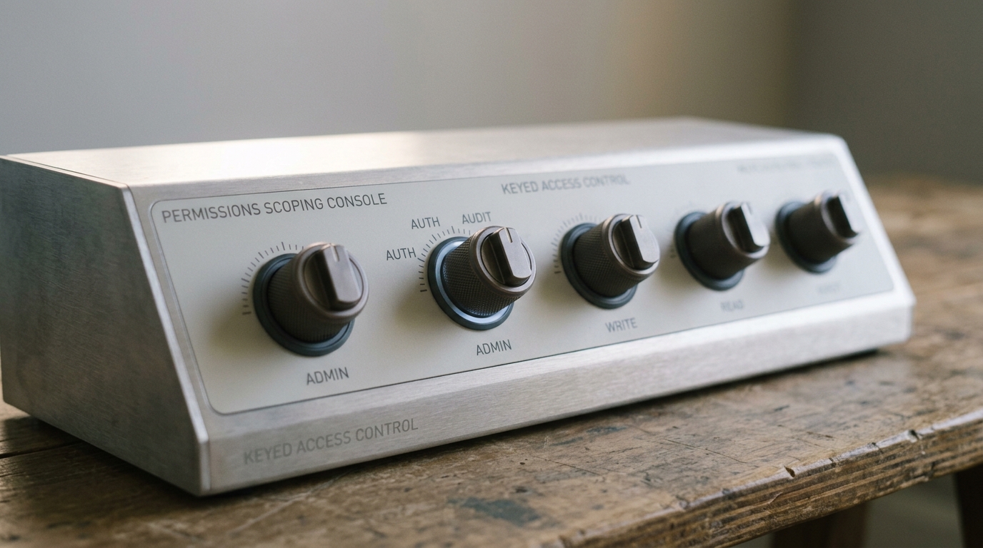 A brushed-steel control patch panel with a row of rotary dial selectors, one dial caught mid-turn between two positions while its neighbours sit fixed, a loose coiled patch cord hanging beside it