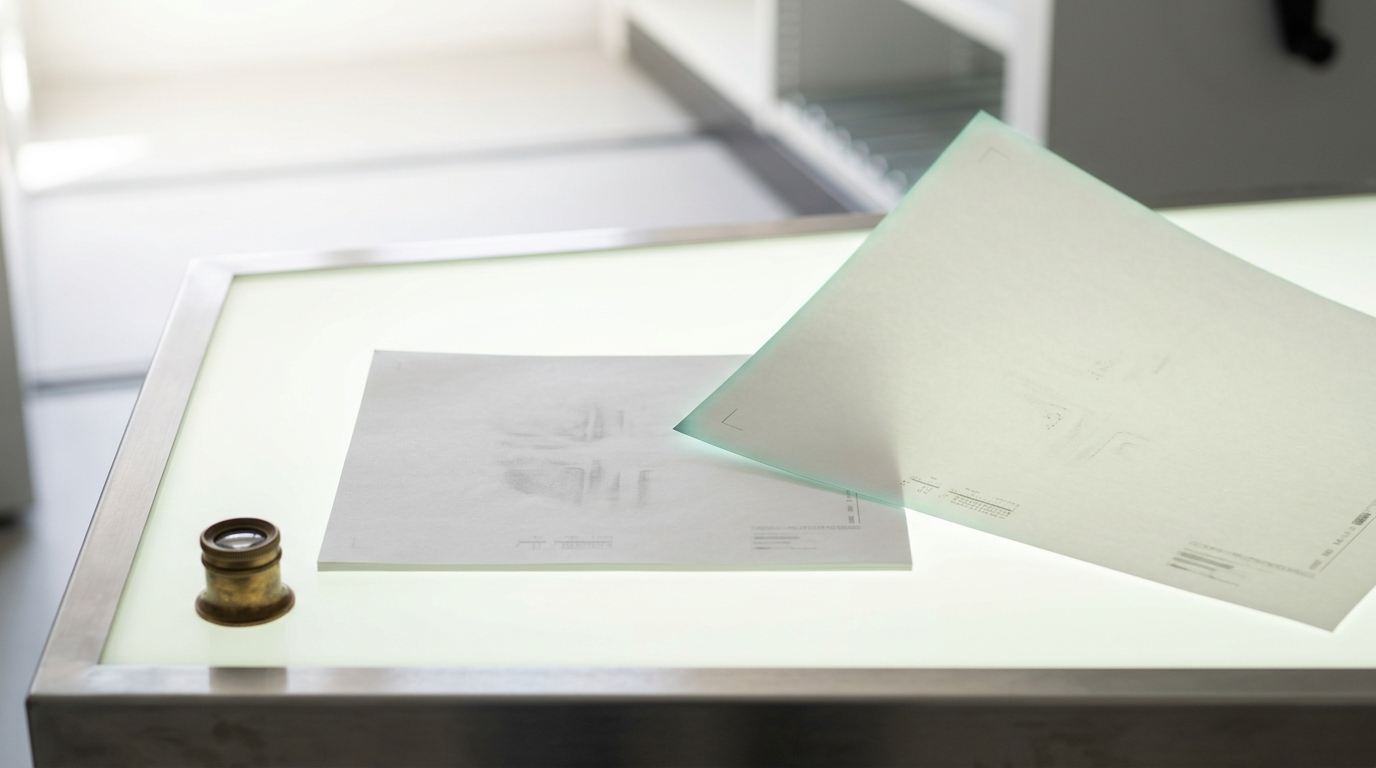 A brass pantograph plotting arm on a drafting table tracing a fresh point onto pinned paper, its ink not yet dry, among earlier points some circled and some marked with a punched hole
