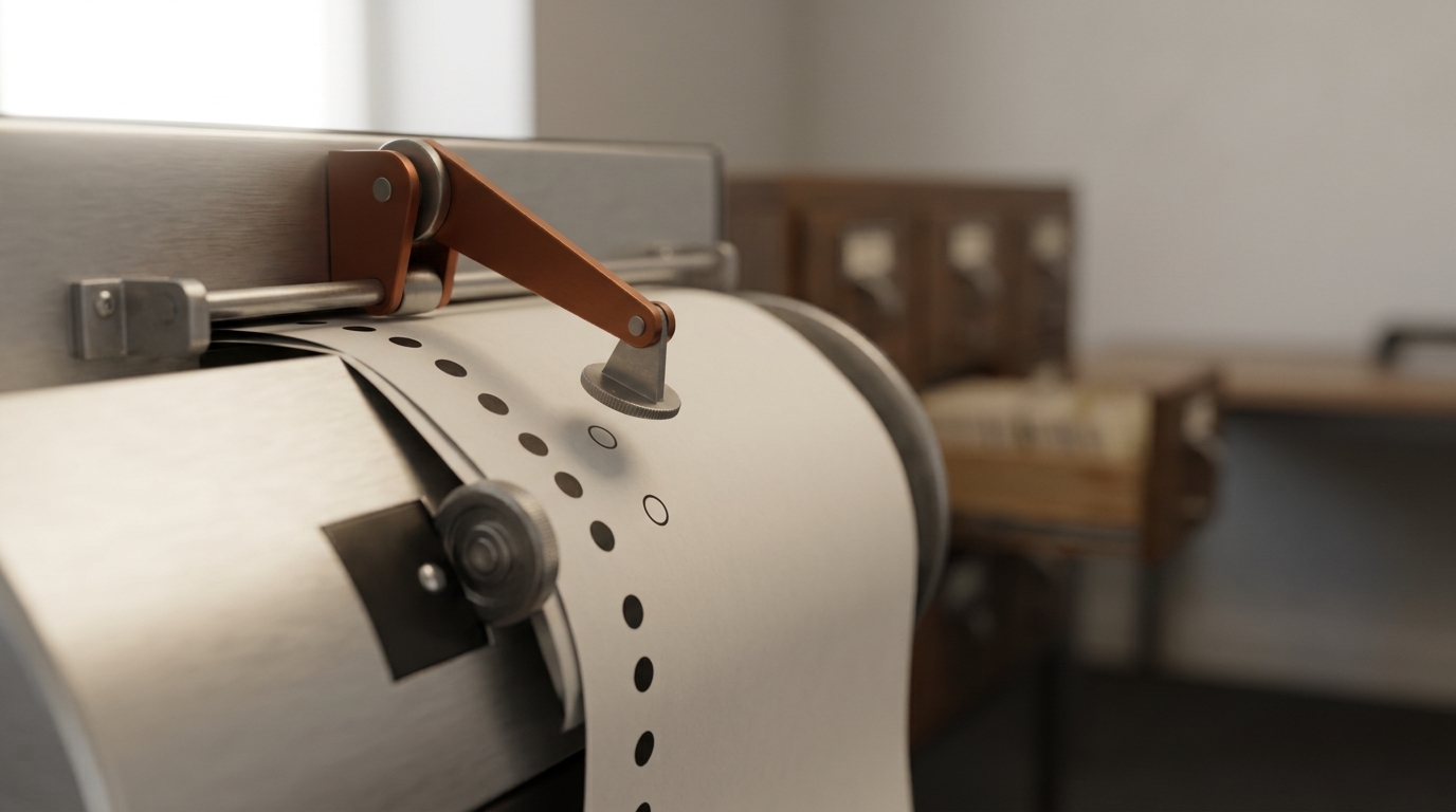 A punched paper run-ticket caught mid-fall from a small sorter arm toward a wooden tray already holding a loose drift of similarly punched tickets, beside a second tray that sits nearly empty