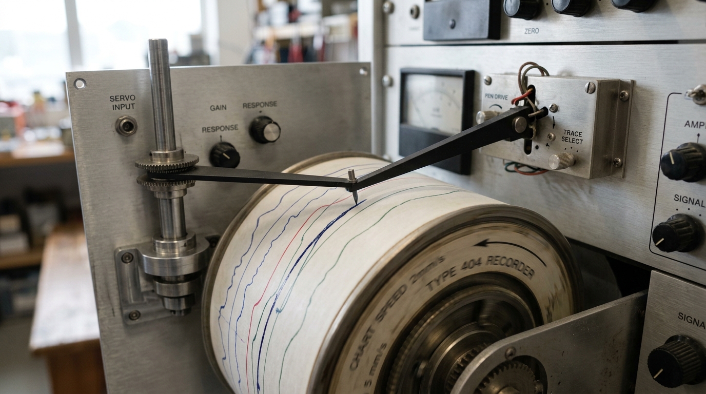 A brushed-steel dual-stylus recording gauge with two fine styluses leaving fresh wet ink marks on a slowly turning paper drum, one mark already longer than the other